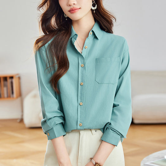 [Customized] Wooden button green shirt women's long sleeves  spring clothes new medium and long top loose shirt