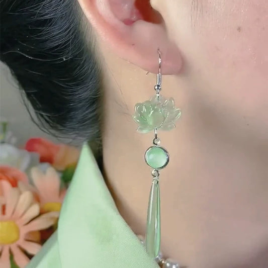 New Chinese lotus earrings light luxury high-end antique cheongsam step by step lotus long water drop ear hook temperament earrings