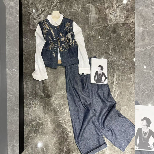 2025 Niche high-end embroidery washed denim vest spring and summer  new loose and thin linen trousers set