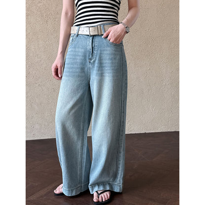 Luxi, Korean denim high-waisted and thin wide-leg pants women's spring new casual versatile classic straight-leg pants 68265