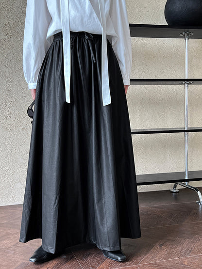 Luxi, retro PU leather pendant skirt women's autumn high waist lace-up pleated medium and long skirt 9695