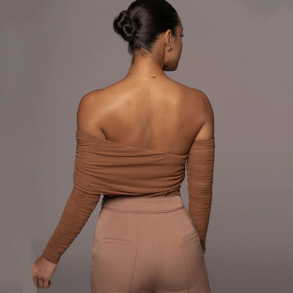 2025 wish sexy see-through bottoming shirt women's  summer new one-word shoulder long-sleeved solid color backless onesie