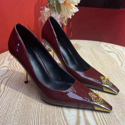 2025  Poplar forest same style royal sister high heels women's thin heels 2025 early spring metal small square head sexy gemstone beautiful single shoes