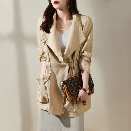 2025 Linen trench coat women's  new spring short short spring thin coat trendy high-quality women's clothing
