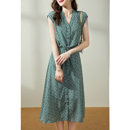 2025 Heavy silk dress  summer new temperament young women's clothing tea break mulberry silk floral medium and long skirt