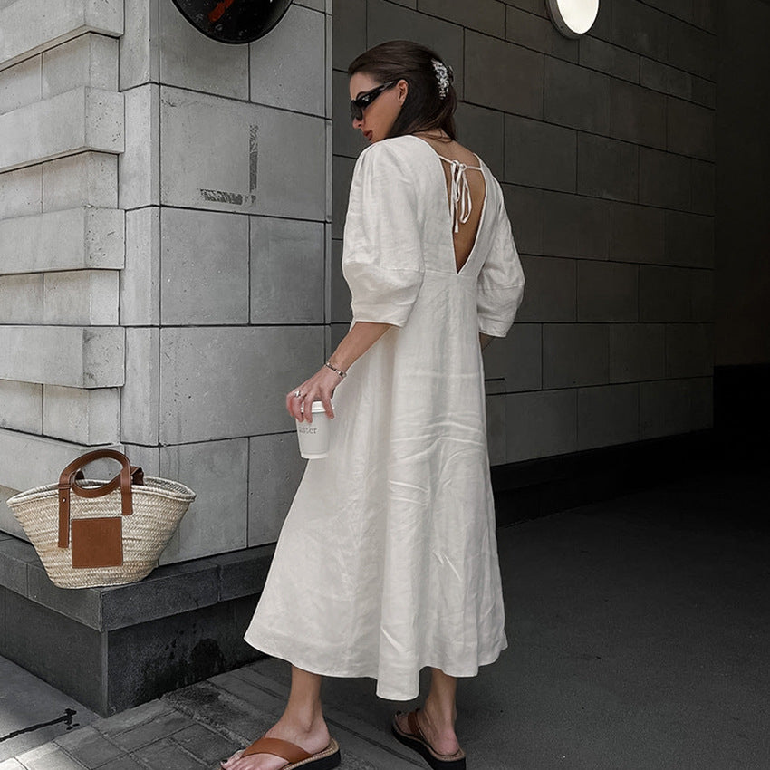 2025 light ripe beige cotton and linen bubble sleeve dress women's summer backless loose V-neck shirt skirt long dress