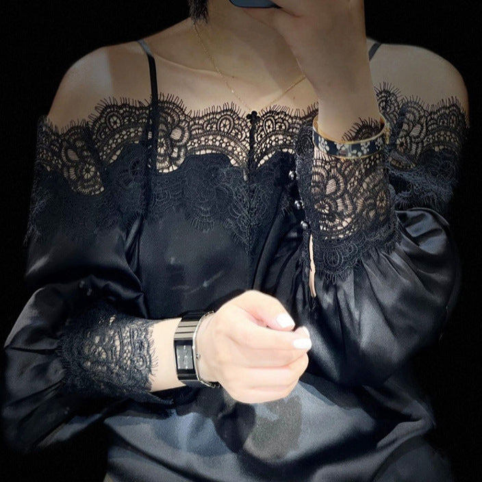 2025 early spring new design sense niche casual fashion temperament one-word collar lace splicing silk shirt women