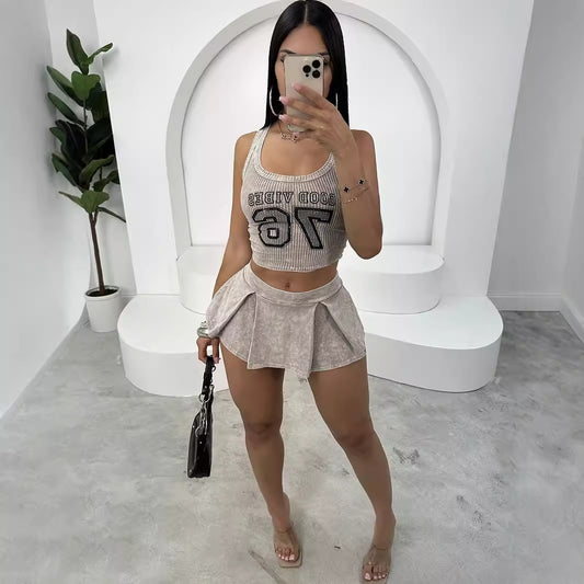 Summer  new New letter pit strip tight Spice Girl short vest top pleated skirt set