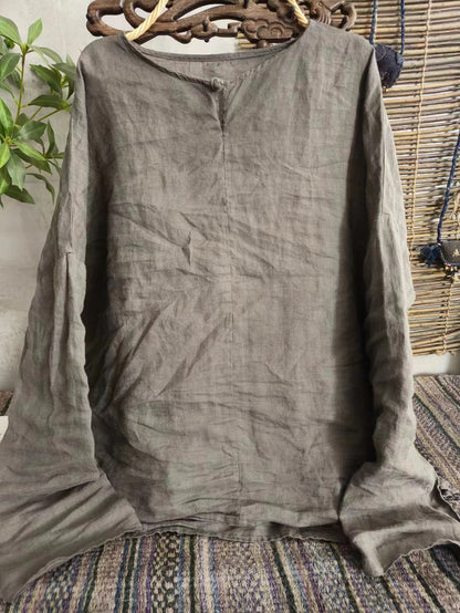 2025    22/12 Winter Solstice/Early Spring Simple Literary Thick Ramie Pullover Solid Color Shoulder Shirt
