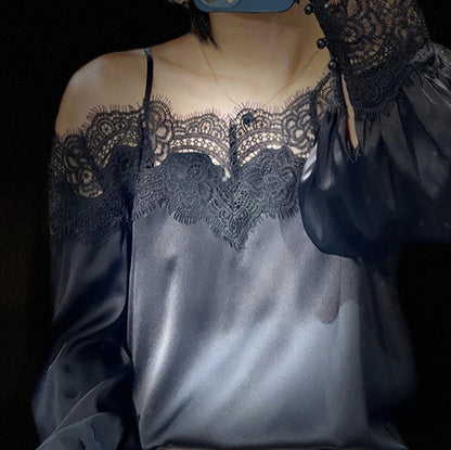 2025 early spring new design sense niche casual fashion temperament one-word collar lace splicing silk shirt women