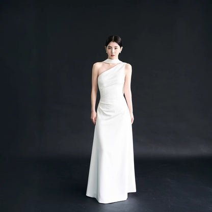 2025 Light wedding dress, white one-shoulder streamer design, morning robe, certificate, small white skirt, high-end niche light dress, fishtail skirt pendulum