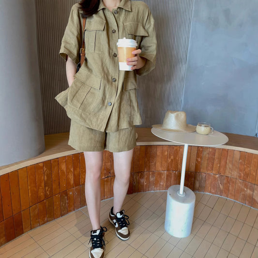 2025 spring and summer pickle green linen short set women's loose lazy style cotton and linen top and shorts two-piece set