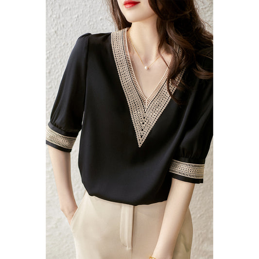 2025 Hollow embroidered silk T-shirt 19MM elastic satin mulberry silk fashion temperament thin v-neck small top black women's clothing