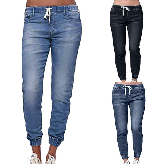 2025 2025 Popular trade New supply elastic waist drawstring low waist denim trousers women