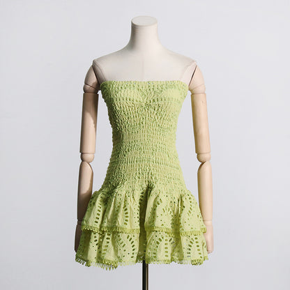 2025 Summer New European and American Sexy Hot Girl Style Elastic Waist Tube Top Embroidered Ruffled Short Dress Women
