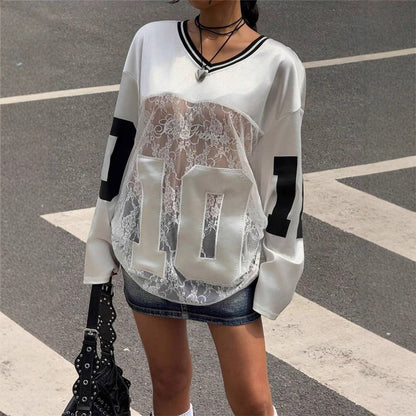 Popular,  and summer new women's clothing New Popular trade personalized trend wind printing lace perspective V-neck sweater