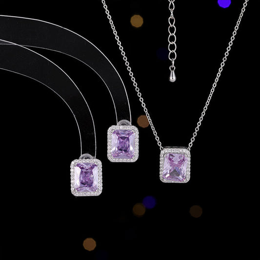 2025 Summer new niche high-end earrings necklace inlaid with square zircon collarbone chain simple square stud earrings set