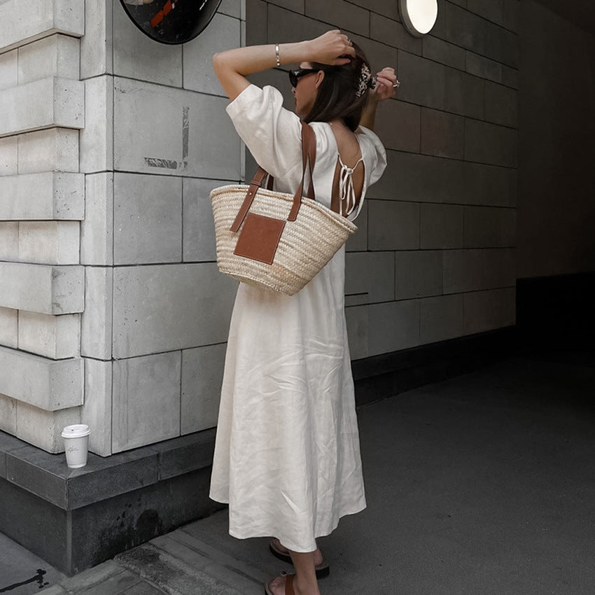 2025 light ripe beige cotton and linen bubble sleeve dress women's summer backless loose V-neck shirt skirt long dress