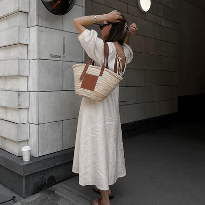 2025 light ripe beige cotton and linen bubble sleeve dress women's summer backless loose V-neck shirt skirt long dress