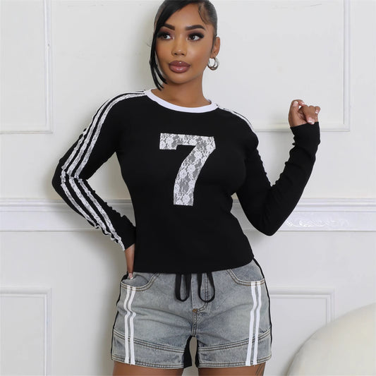 Autumn new New  fashion retro slim fit sexy spice girl printed striped short long-sleeved top women