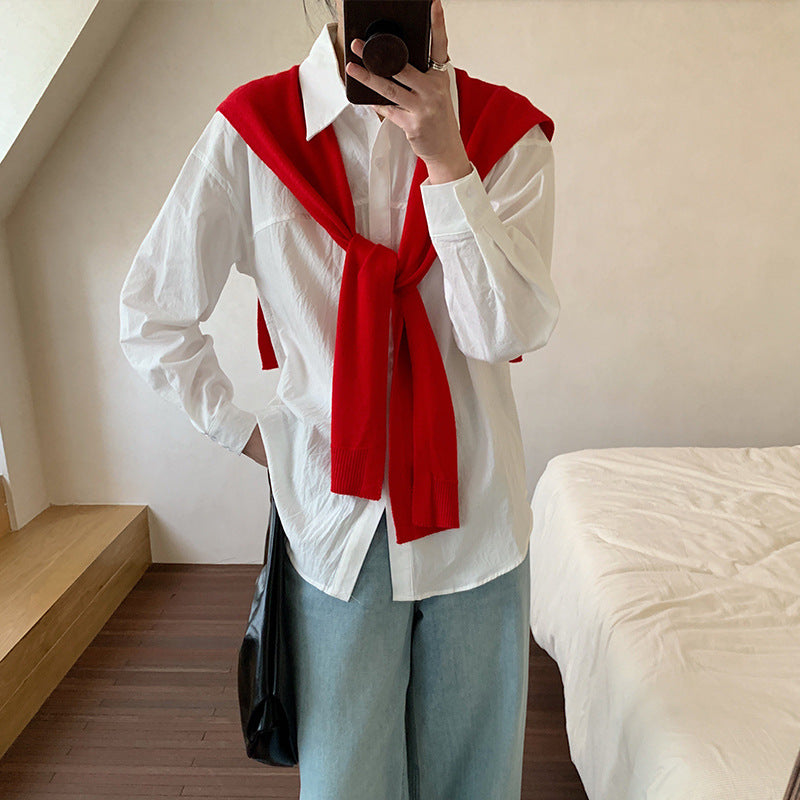 [Customized] Shirt girl  spring new high-count pure cotton white medium and long shirt commuting lazy wind