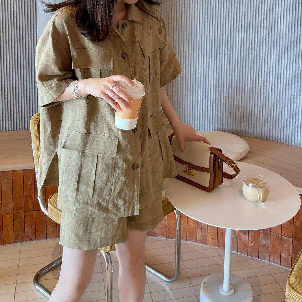 2025 spring and summer pickle green linen short set women's loose lazy style cotton and linen top and shorts two-piece set