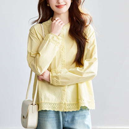 [Customized] Goose yellow shirt women's long sleeves  summer new lace lace loose and thin shirt women