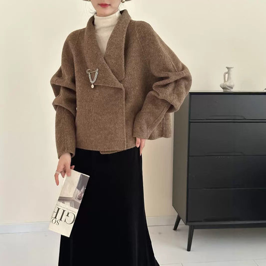 2025 Solid color lapel single-row two-button art style double-sided wool woolen jacket, premium women's jacket to keep warm in autumn and winter