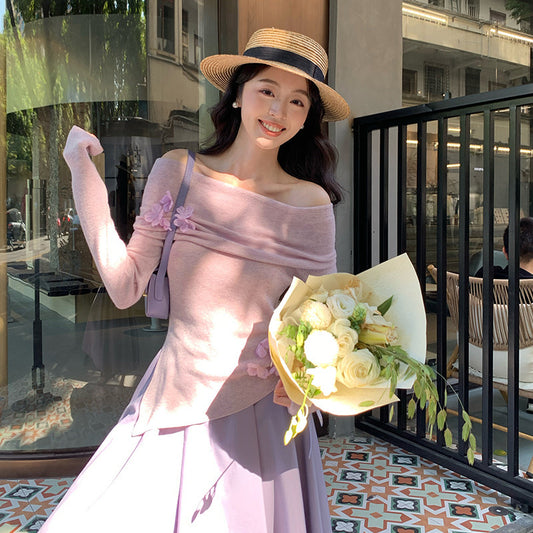 2025 spring new Korean version of flower temperament one-word neck wool knitted sweater women's top 25138