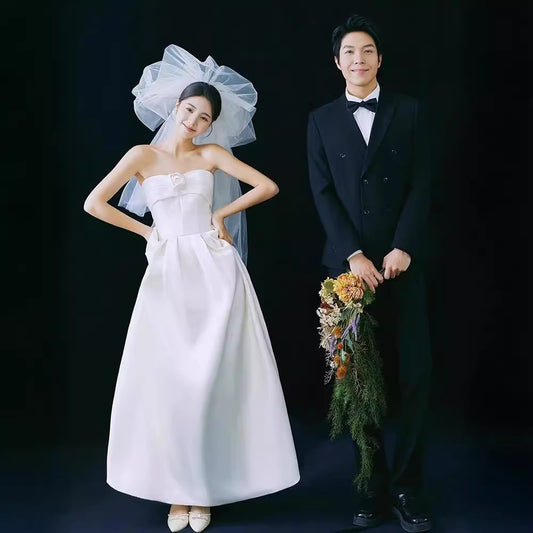 2025 satin light wedding dress bride simple niche high-end sense tube top Mori go out gauzy white dress skirt
