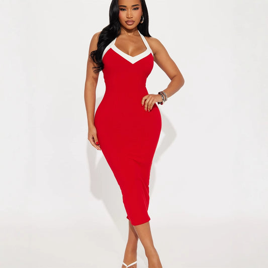 Popular,  and the United States summer new women's clothing New Popular trade sexy babes solid color neck halter waist tight dress