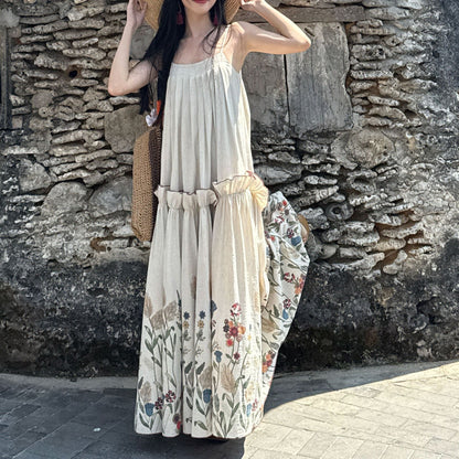 2025 Pure desire dopamine suspender dress women's summer  new fungus edge print dress seaside vacation