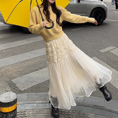 2025 Spring Temperament Muse Fan Gentle Wear Small Fragrant Style Yellow Sweater  Mesh Dress Suit Women