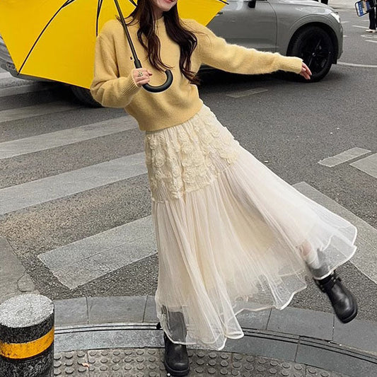2025 Spring Temperament Muse Fan Gentle Wear Small Fragrant Style Yellow Sweater  Mesh Dress Suit Women