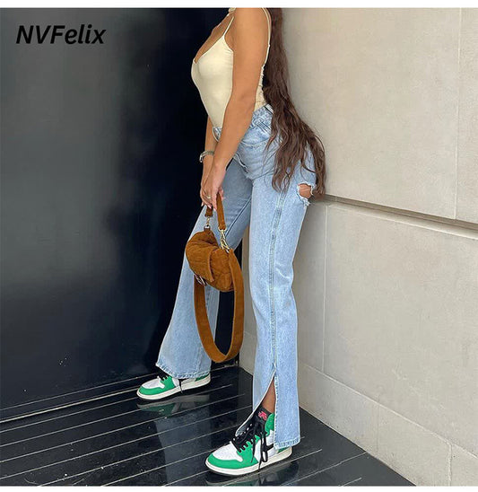 2025 Popularan, 2025n and Popular trade New supply High waist elastic hole foot split denim trousers women