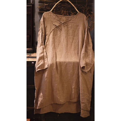2025    22/5 Big Joe, literary and retro linen hand-sewn buckle V-neck pullover, medium and long linen shirt with seven-quarter sleeves