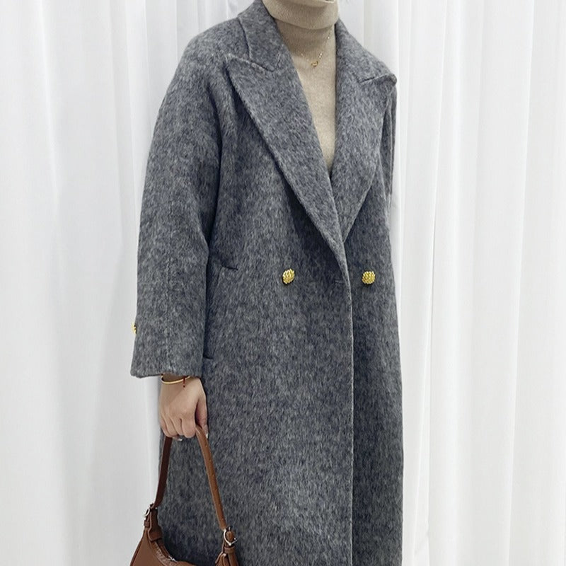 2025 Long-haired mulberry silk wool suit collar two buttons sleeves cracked double-sided cashmere coat blue woolen coat women