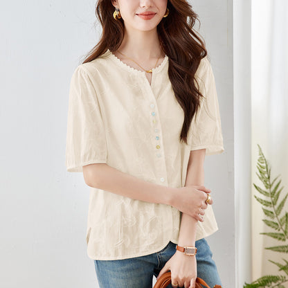 [Customized] Lace lace round neck shirt women's short sleeves  summer wear new temperament light embroidered shirt