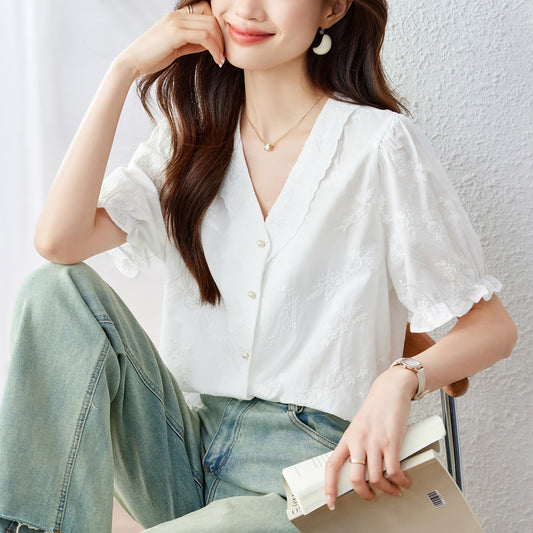 Cotton cocoon  summer new  versatile v-neck short-sleeved shirt women