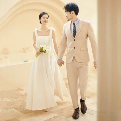 2025 light wedding dress bride simple  new satin suspender out of the house Sayori collar certificate engagement dress dress