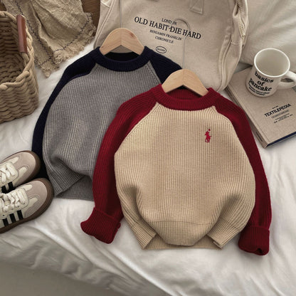 2025 autumn and winter new children's knitted sweaters boys and girls color matching crew neck sweater Korean version thickened pullover sweater tide