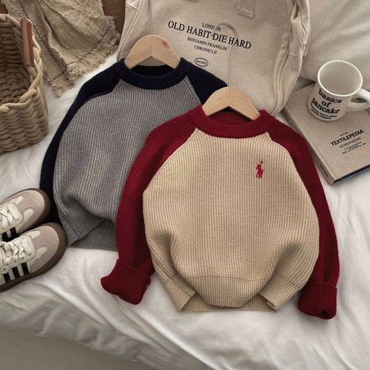 2025 autumn and winter new children's knitted sweaters boys and girls color matching crew neck sweater Korean version thickened pullover sweater tide