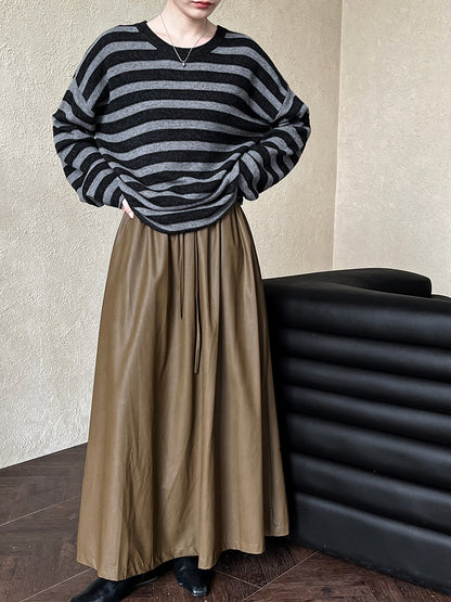 Luxi, retro PU leather pendant skirt women's autumn high waist lace-up pleated medium and long skirt 9695