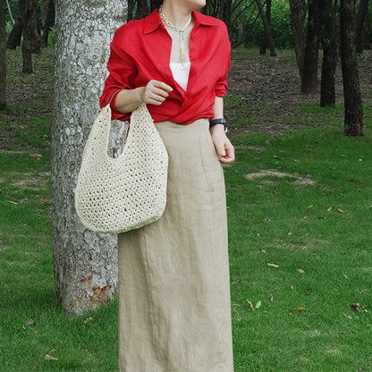 2025 early spring new jadeite shadow original design linen suit women's white shirt green skirt two-piece set