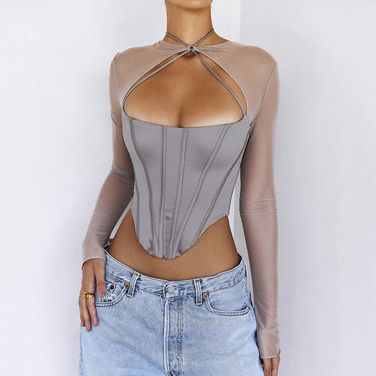 2025 New women's clothing  sexy babes low-necked T-shirt perspective splicing solid color irregular long-sleeved top