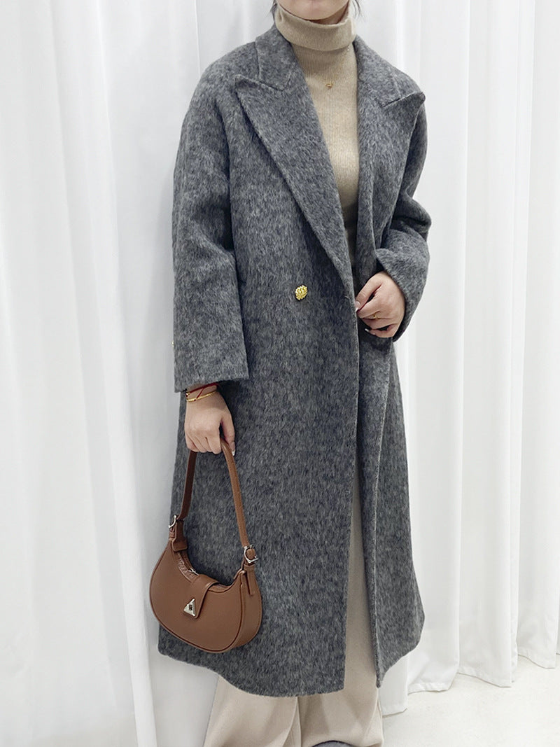 2025 Long-haired mulberry silk wool suit collar two buttons sleeves cracked double-sided cashmere coat blue woolen coat women