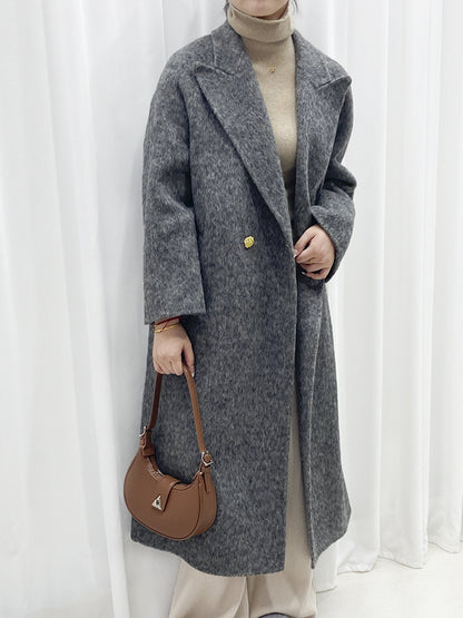 2025 Long-haired mulberry silk wool suit collar two buttons sleeves cracked double-sided cashmere coat blue woolen coat women
