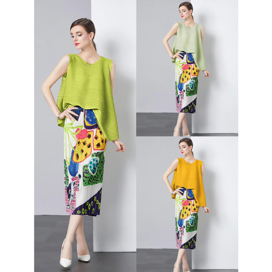 Folded skirt women's lazy style top set two-piece set women's popular summer new printed skirt