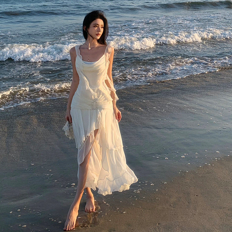 2025 gentle wind white suspender dress design sense niche vacation super fairy Mori swing collar split fork long dress