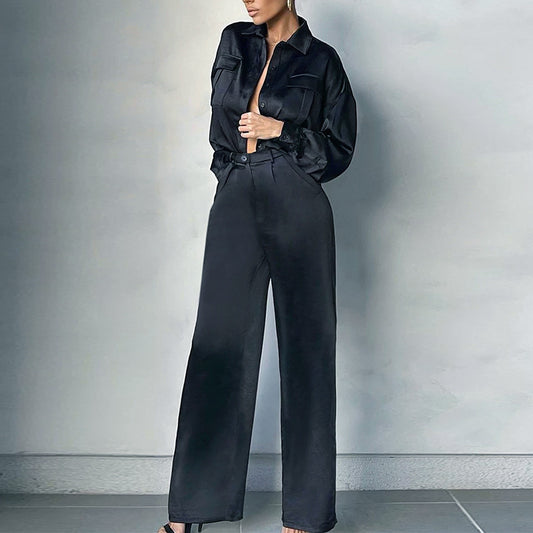2025 new elegant light and mature wind loose two-piece set women's solid color button-down lapel top high-waisted straight pants set